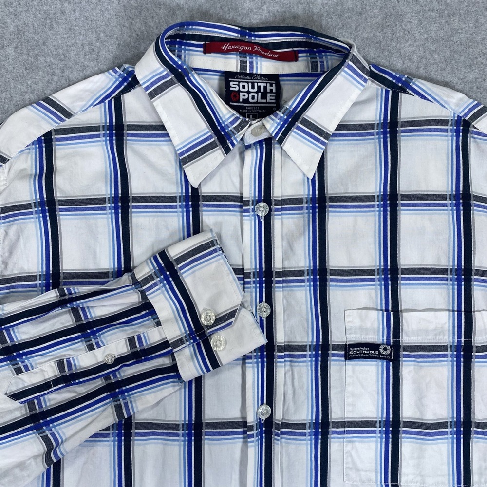 Southpole Button Down Shirt Y2K Mens Large White Blue Plaid Long Sleeve Cotton